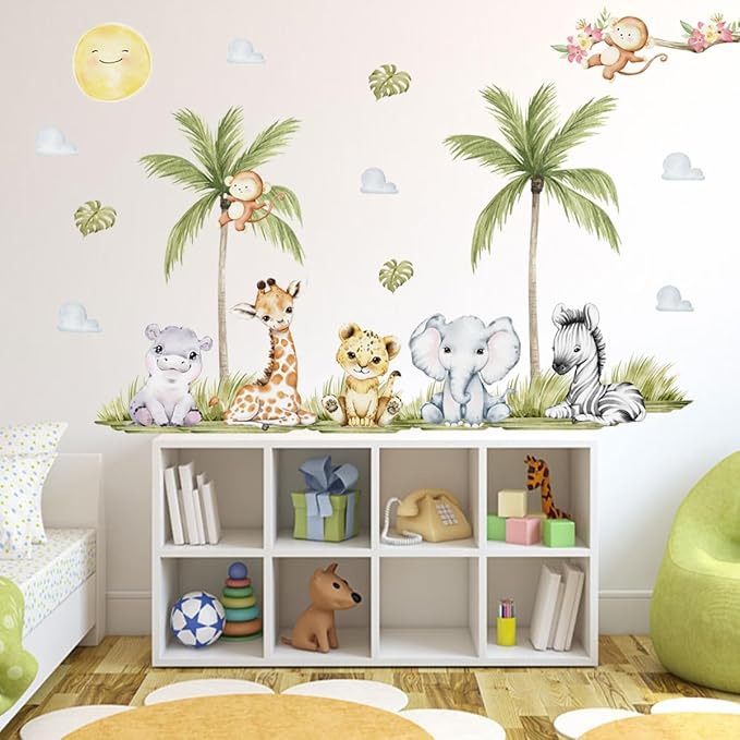 56.29 x 44.88 Inch Watercolor Animal Wall Decals - Jungle Stickers With Tiger, Elephant, Zebra, Giraffe, Monkey, Hippo for Baby Nursery, Bedroom, Classroom, Kindergarten Decor