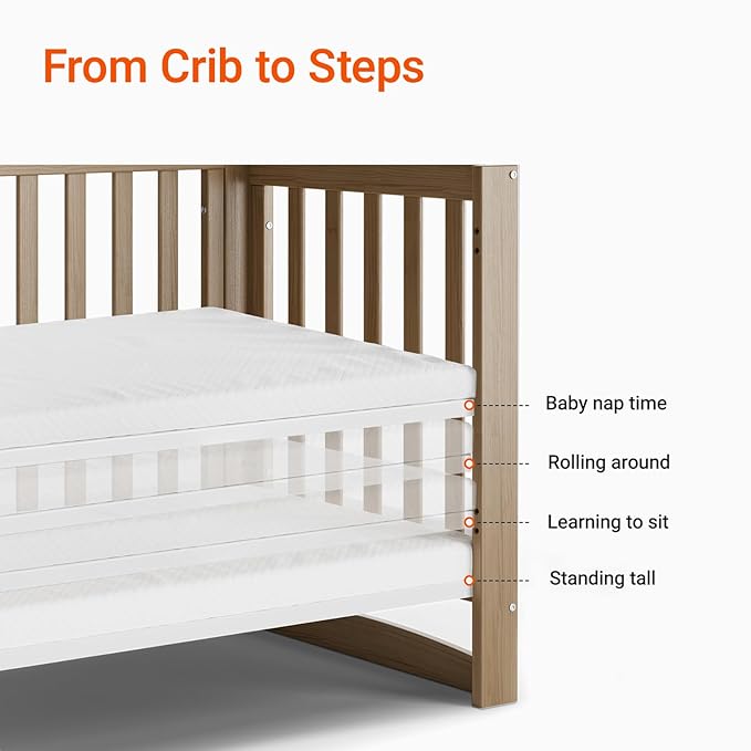 EvoNest Baby Crib, 11 in 1 Convertible Mini Crib with Wheels, 100% New Zealand Wood Growing Bed, 4 Adjustable Mattress Height ，Walnut Brown