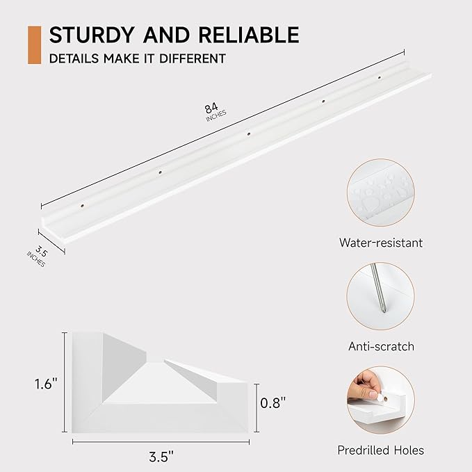 Floating Picture Ledge Shelves for Wall Set of 2, 84 Inches Picture Ledge Shelf with Long Large Nursery Book Shelf for Toys Storage Kids Bookshelf Wall Mounted Living Room Bedroom Decor Frames, White