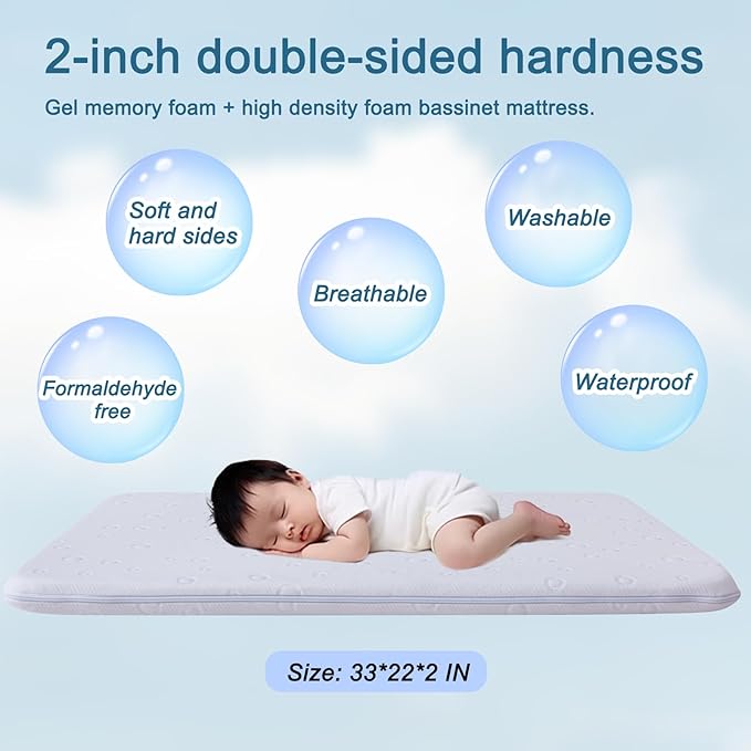 Baby Bassinet Mattress Pad, 33" x 19" x 2" Dual Sided Gel Memory Foam Mattress with Breathable Removable Soft Cover Fit for ANGELBLISS 3 in 1/BabyBond/Cowiewie/Jimglo Baby Bassinet
