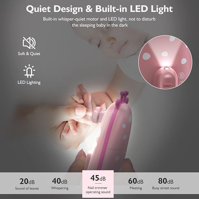 Baby Nail Trimmer Electric Baby Nail File Safe Baby Nail Clippers with Light 10 Grinding Heads Queit Baby Nail Polish Grooming Kit for Newborn Infant Toddler Toes Fingernails Care, Pink