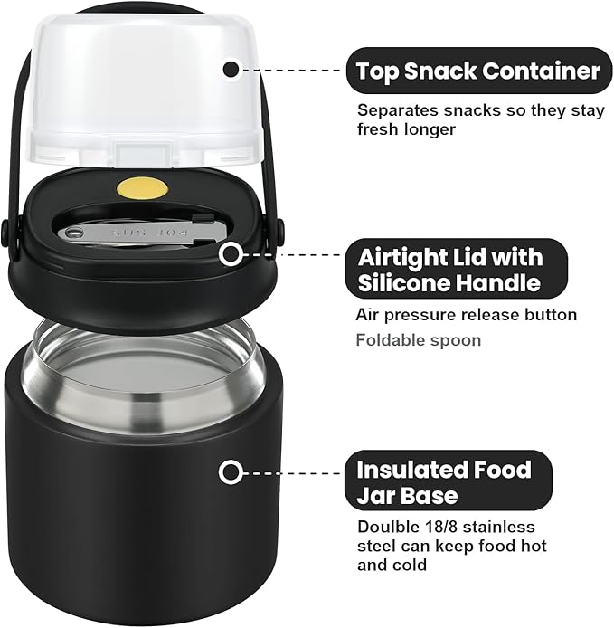 2-in-1 Insulated Food Jar & Snack Container - 15oz Kids Soup Thermos for Hot Food with Handle and Spoon, Leak Proof Reusable Toddler Snack Box, Perfect for School & Travel, Black