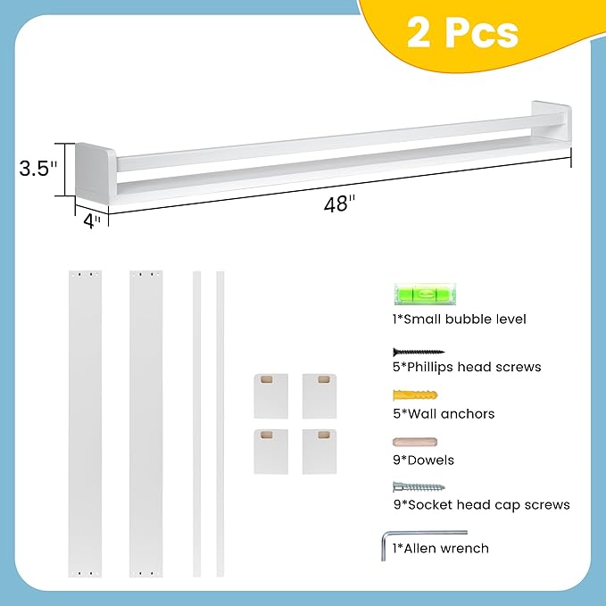 Fun Memories Nursery Book Shelves - Rustic Natural Solid Wood Floating Bookshelf for Kids - Wall Book Shelves for Kids Room (White, 48inch - 2P)