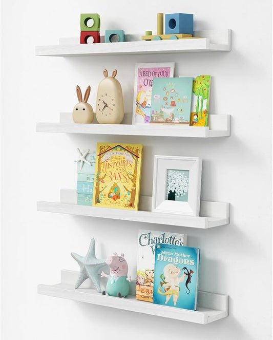 Forbena 24 Inch White Floating Shelves for Wall Set of 4, Wood Nursery Book Shelves for Kids Bedroom, Long Picture Ledge Shelf with Lip for Living Room Bathroom Office and Baby Wall Bookshelf