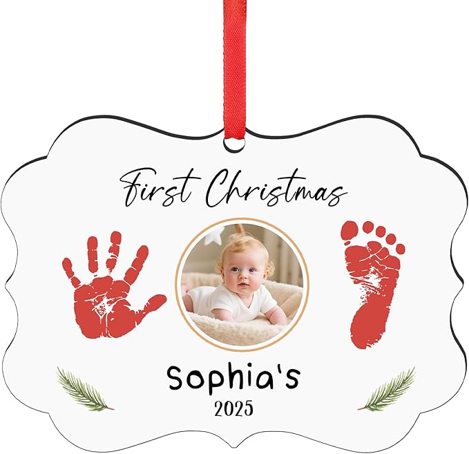 Baby Hand and Footprint Ornament - Baby Frist Christmas Ornament 2025 with Custom Photo, Name, Date - Personalized Baby Gifts, Newborn Keepsake, New Mom Gifts