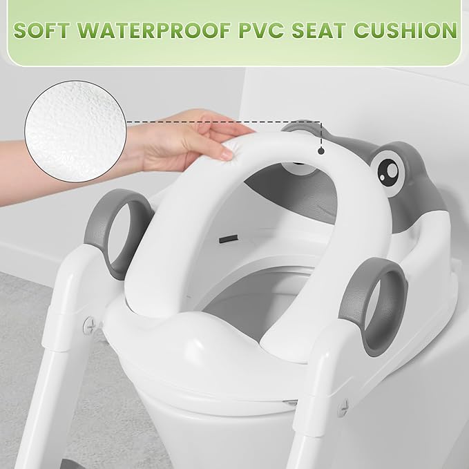 Frog Toilet Seat, Potty Training Toilet Seat for Toddler, Upgrade Potty Training 2 in 1 Toddler Toilet Seat for Boys Girls,Waterproof Soft Mat Non-slip Step Stool