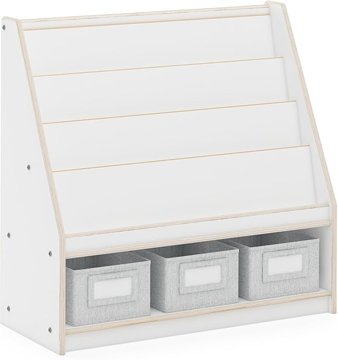 Guidecraft EdQ Book and Bin Display White with 3 Storage Bins: Wooden Kids Bookcase and Toy Storage Organizer; Homeschool and Classroom Bookshelf Furniture