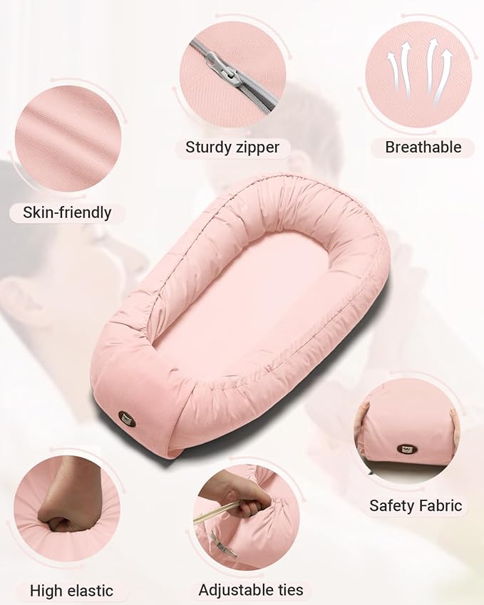 Baby Lounger for Newborn 0-24 Months, Breathable & Soft Infant Lounger, Adjustable Tummy Time Lounger for Home and Travel, Baby Girls & Boys Newborn Babies Essentials Stuff, Pink