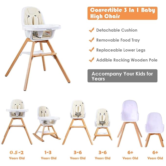 BABY JOY 3 in 1 High Chair, Baby Eat & Grow Convertible Wooden High Chair/Rocking Chair/Booster Seat/Toddler Chair, Infant Dining Chairs w/Double Removable Tray, 5-Point Seat Belt & PU Cushion, Beige