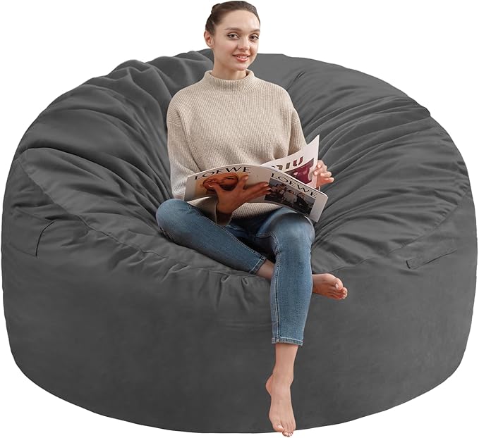 4FT Bean Bag Chair, Large Bean Bag Chairs with Memory Foam Filled, Fluffy Beanbag Sofa with Dutch Velvet Cover, Round BeanBag Chairs for Living Room, Playroom - Grey