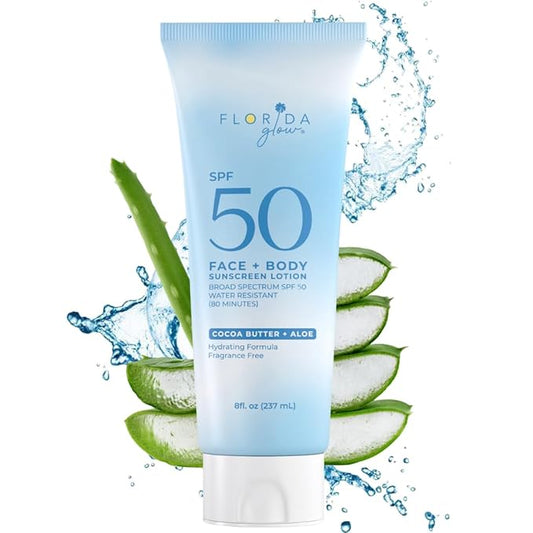 Florida Glow Water Based Sunscreen Lotion SPF 50, 8 OZ Pack of 1 - Florida keys and Hawaii act 104 reef compliant (oxybenzone and octinoxate free)- great for Kids and sports