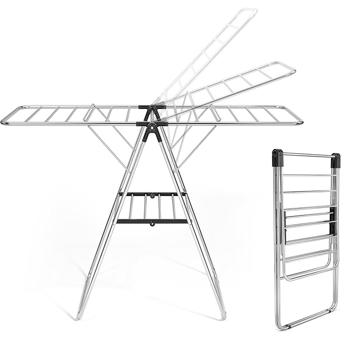 APEXCHASER Clothes Drying Rack, Drying Rack Clothing with Height-Adjustable, Foldable Gullwings Laundry Rack, Indoor Outdoor Use, No Assembly,Black