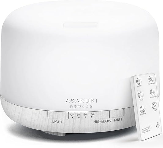 ASAKUKI 500ml Premium Essential Oil Diffuser with Remote Control, 5 in 1 Ultrasonic Aromatherapy Fragrant Oil Humidifier Vaporizer, Timer and Auto-Off Switch (White)