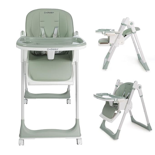 3-in-1 Foldable High Chair for Babies & Toddlers – Adjustable Height, Reclining Seat, 5-Point Safety Harness, Removable Tray, Lockable Wheels, Washable Cushion – Portable & Easy Clean, Green