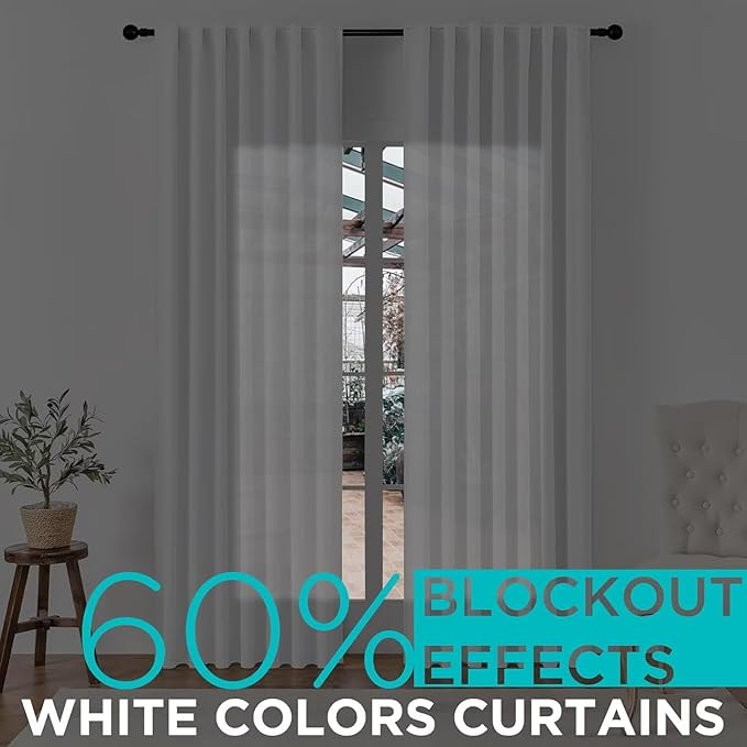 Joydeco 108 Inch 60% Blackout White Curtains 2 Panels, Elegant Semi Sheer Curtains for Bedroom,Thermal Insulated Black Out Drapes for Living Room,Rod Pocket Back Tab Drapes(W52 x L108 Inch,Pure White)