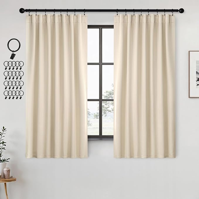 ANRODUO Back Tab Blackout Curtains for Bedroom Living Room, Rod Pocket Pinch Pleated Thermal Insulated Room Darkening Curtains 54 Inches Long 2 Panels, Cream Beige, 42 x 54 Inch