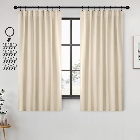 ANRODUO Back Tab Blackout Curtains for Bedroom Living Room, Rod Pocket Pinch Pleated Thermal Insulated Room Darkening Curtains 72 Inches Long 2 Panels, Cream Beige, 42 x 72 Inch