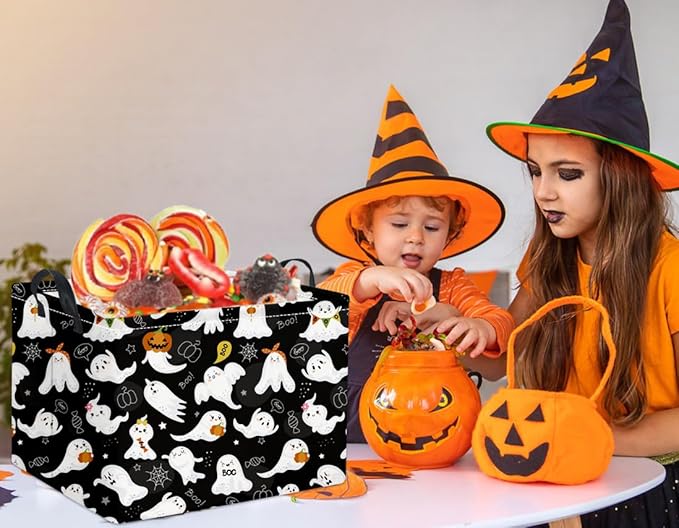 HIYAGON Rectangular Halloween Basket for Boys and Girls Kids Trick or Treat Pumpkin Basket for Halloween Parties Cute Storage Bin Organizer Box Room Decor(Black ghost)