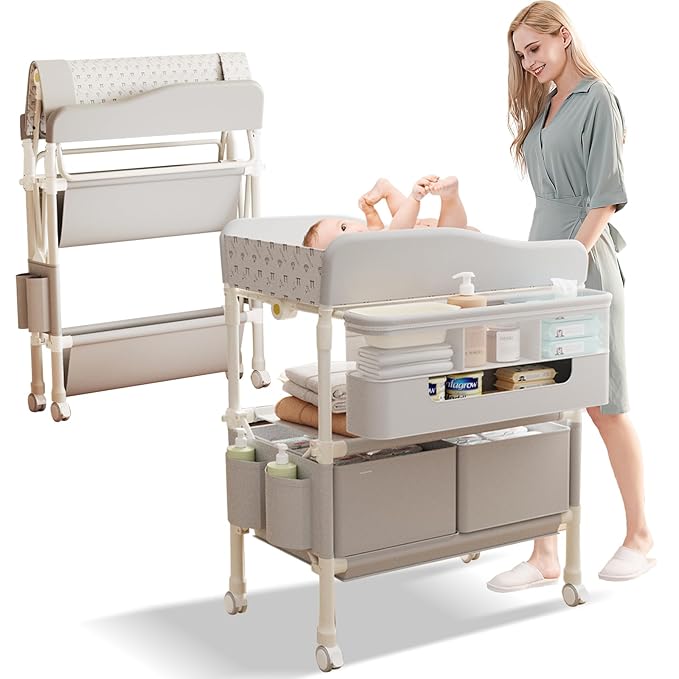 Baby Changing Table, Versatile Folding Changing Table with 2 Drawers, Portable Baby Diaper Changing Station with Toy Holder, Adjustable Height Mobile Nursery Diaper for Infant and Newborn