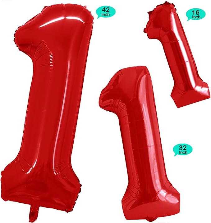 GOER Red Foil Balloons Number 1,Huge Number Balloons for 1st Birthday Party Supplies Anniversary Decorations (3 pcs,42 inch,32 inch,16inch)