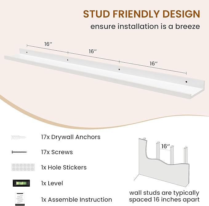 Axeman Picture Ledge Shelf, Floating Shelves for Wall Decor Storage Set of 6, 55 inch Floating Wall Mounted Shelves, Wall Shelves with Lip for Living Room, Bedroom, Nursery, Bathroom, Kitchen, White