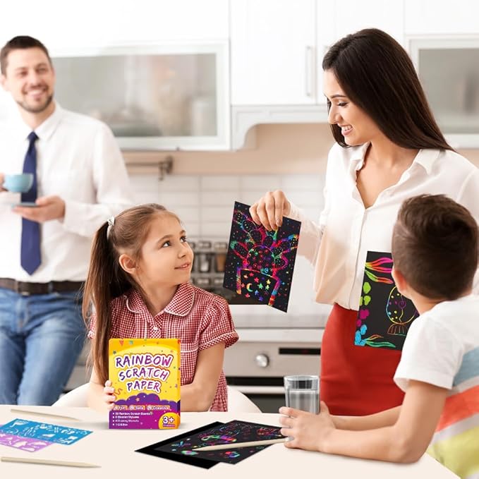 FUNNYB&G Rainbow Scratch Paper Art for Kids - 200 Pcs Magic Rainbow Scratch Paper Off Set Scratch Crafts Arts Supplies Kit Pads Sheets for Party Games Halloween Christmas Birthday Gifts