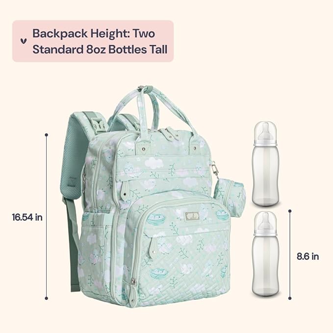 BabbleRoo Diaper Bag Backpack - Baby Essentials, Travel Essentials Baby Bag with Changing Pad, Stroller Straps & Pacifier Case - Unisex, Green Birdy