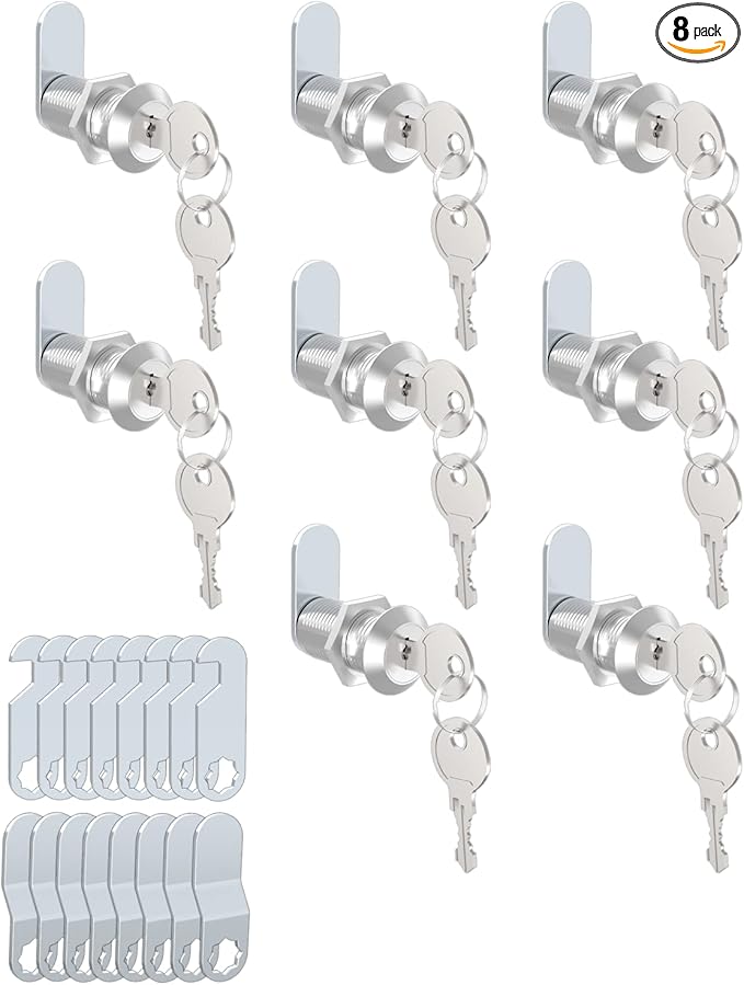 8 Packs Drawer and Cabinet Locks (Keyed Different) Secure Important Files, 1-1/8Inch 30mm Cam Locks with 3 pcs Different Lock Plates for Cabinet Cupboard File Drawer Mailbox Dresser Kitchen