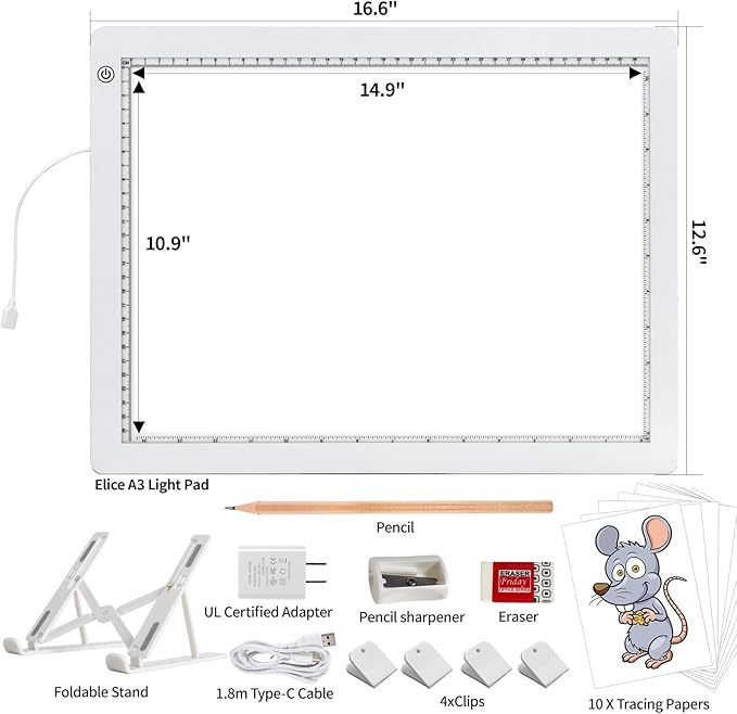 A3 LED Light Box for Tracing, elice Artist Drawing Lightbox Light Table Light Pad Light Copy Board, Up to 8000 Lux Super Bright Lightpad for Cricut Weeding Vinyl, Diamond Painting, Sketching (White)