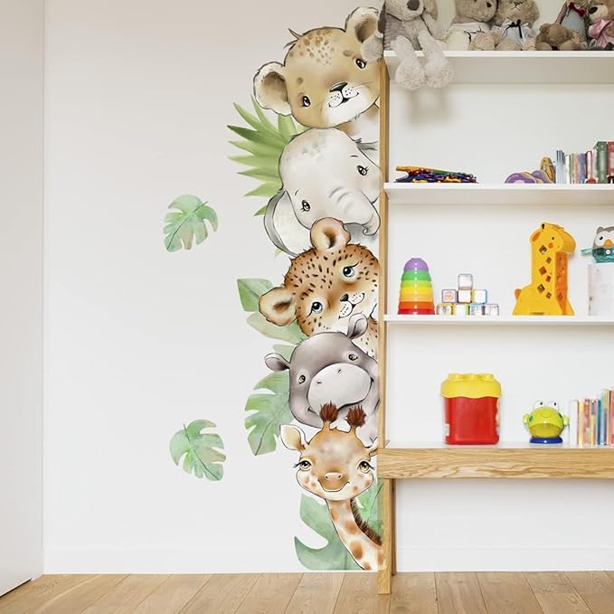 55.1 x 15.7 Inch Watercolor Jungle Animal Wall Decals - Forest Animal Sticker With Elephant, Tiger, Giraffe for Baby Nursery, Playroom, Bedroom, Classroom, Kindergarten Decor
