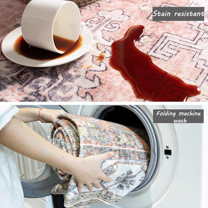 Area Rug 8x10 Washable Rug Tangerine Vintage Traditional Mat Distressed Indoor Foldable Thin Retro Accent Floral Print Rug Non Slip Carpet Living Room Dining Room Office