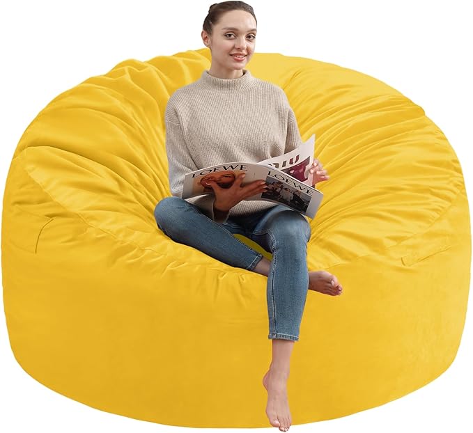 5FT Bean Bag Chair, Large Bean Bag Chairs with Memory Foam Filled, Fluffy Beanbag Sofa with Dutch Velvet Cover, Round BeanBag Chairs for Living Room, Playroom - Lemon