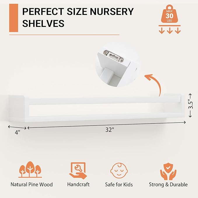 Heimlove Nursery Floating Shelves, White Nursery Book Shelves for Wall, 32 inch Wall Bookshelf for Kids Solid Wood Wall Mounted Shelves for Books,Toys and Decor Storage, Set of 3