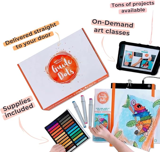 Guide Dots Kid’s Discover Art Kit with Light Up Bright Board – Children’s Drawing Kit – Video Instructions – Art Supplies, Markers, Chalk Pastels – Gift for Boys & Girls – Ages 4-7