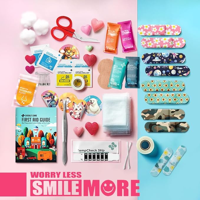 EVERLIT Mini Rescue Pack | 105 Medical Essentials Organized in Portable Storage Bag | Pocket Size Kids First Aid Kit with D Ring | Small Family-Friendly Travel Medical Kit (Playground)