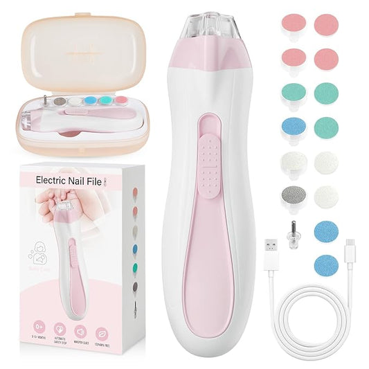 Baby Nail Trimmer Electric, 15 in 1 Baby Nail Clippers for Gentle Nail Care, Rechargeable Baby Nail File Electric with Light &15 Grinding Pads for Infant Toddler, Pink