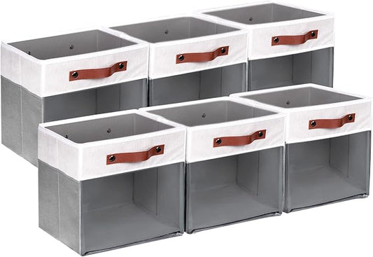 HNZIGE 11x11 Cube Storage Bins for Cube Organizer, Clear Fabric Storage Cubes for Storage Shelves, Collapsible Decorative Storage Bins for Clothes Closet Toys Cubby Storage Bin(White Gray 6 PCS