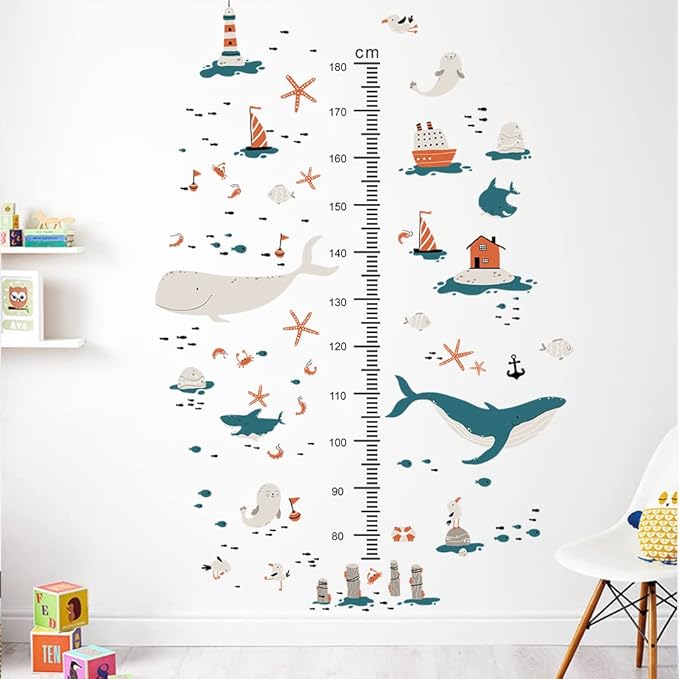 3D Cartoon Height Growth Chart for Kids Wall Decal Removable DIY Whale Ocean Animal Wall Decal Peel and Stick Sailing House Art Decor for Kids Nursery Bedroom Living Room Bathroom Decor