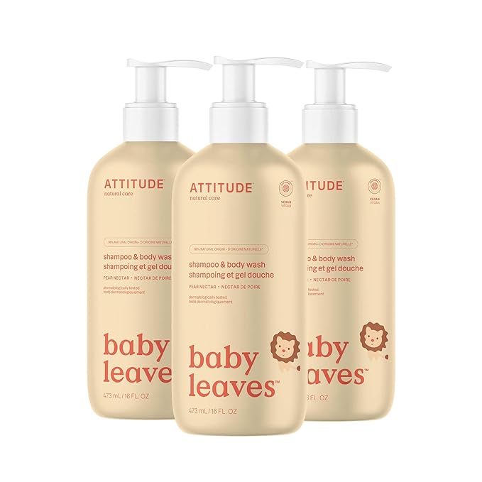 ATTITUDE 2-in-1 Shampoo and Body Wash for Baby, EWG Verified, Dermatologically Tested, Vegan, Pear Nectar, 16 Fl Oz (Pack of 3)