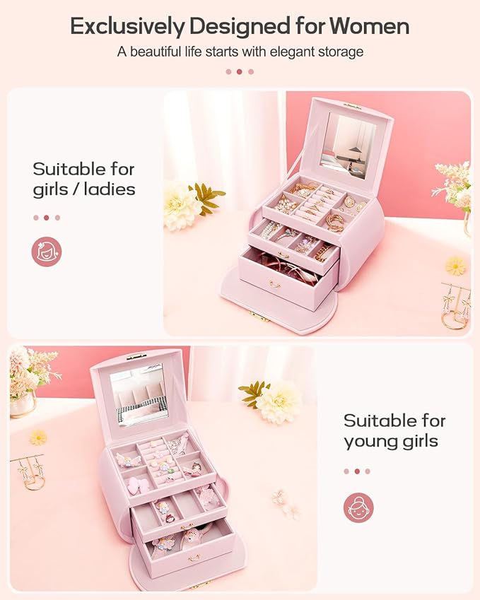 Homde Girls Jewelry Box Jewelry Storage Case Organizer with Mirror for Rings, Earrings, Bracelets, Necklaces (Light Pink + Gold)