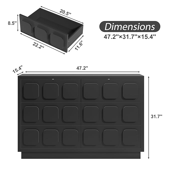 Anbuy Black Baby Dresser for Bedroom, Dresser for Baby with 6 Drawers, Storage and Organization Unit with Square Handles, for Nursery, Kids