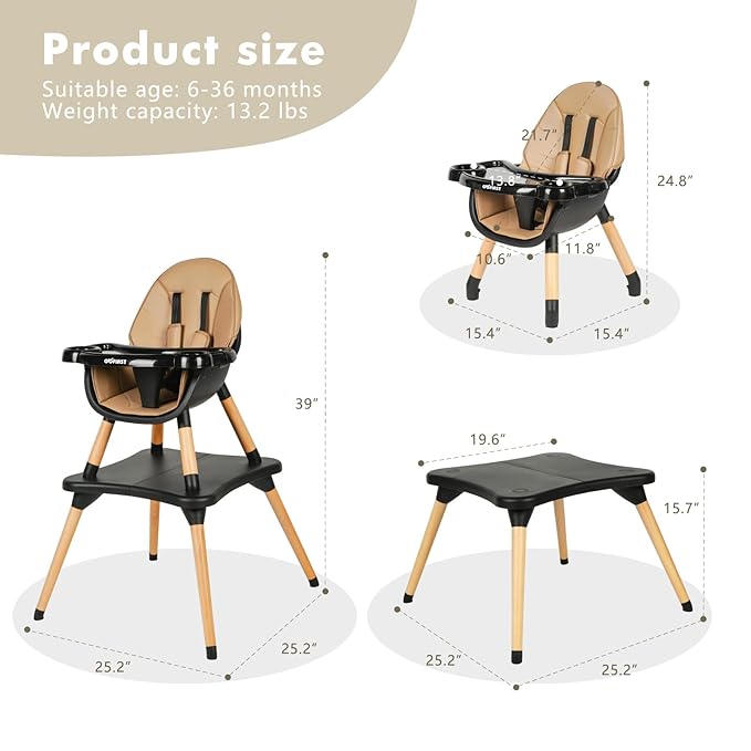 Gofirst 6 in 1 Convertible Wooden High Chair for Babies and Toddlers - Infant Dining Booster Seat With Building Block Table and 4-Position Removable Feeding Chair