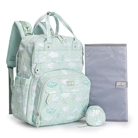 BabbleRoo Diaper Bag Backpack - Baby Essentials, Travel Essentials Baby Bag with Changing Pad, Stroller Straps & Pacifier Case - Unisex, Green Birdy