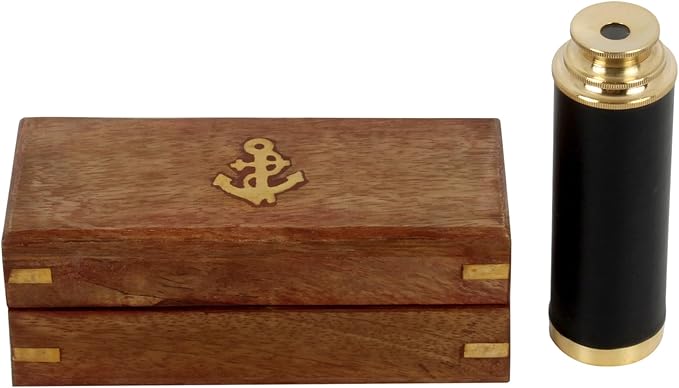 9" Pirate Telescope Handheld Brass Telescope Nautical Spyglass Monucular with Wooden Box