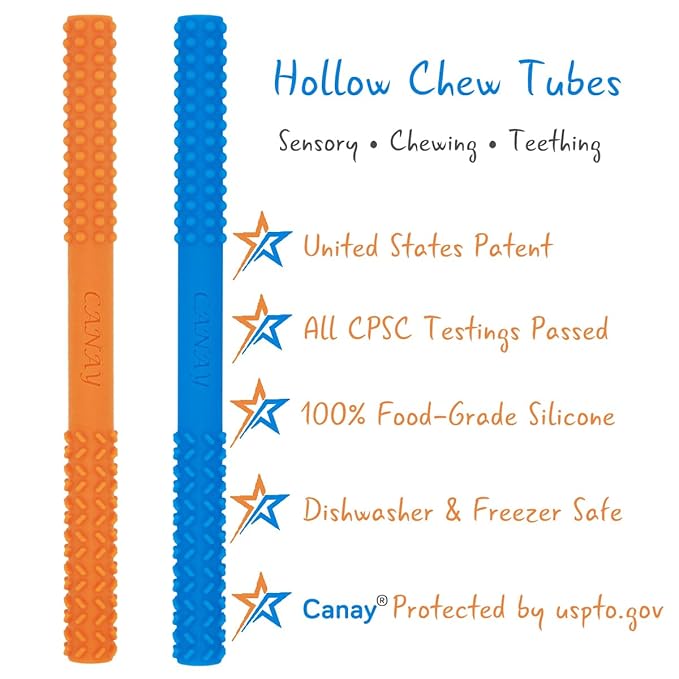 Hollow Chew Tubes Sensory Chew Toys for Autistic Children(2 Pack), Alt. to Chew Necklaces for Sensory Kids, Teething, Oral Motor Stimulation, ADHD, SPD - Teether Toys