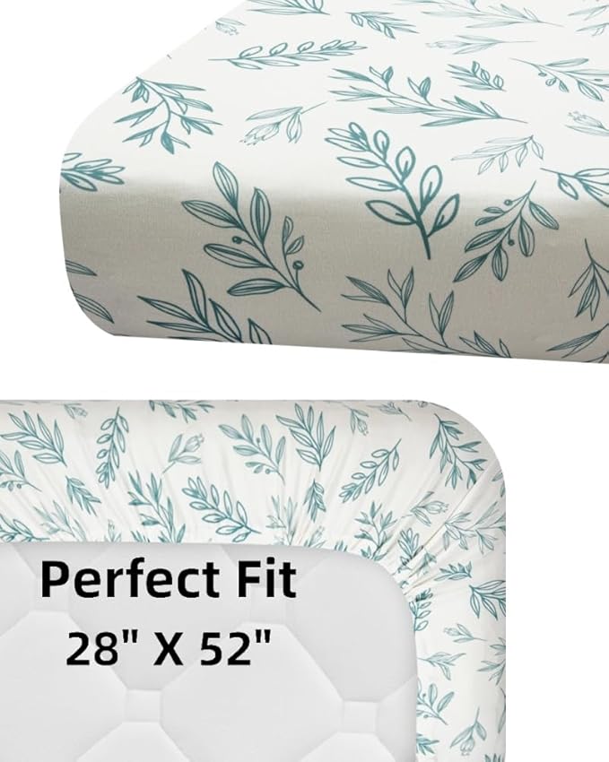 4 Pack Sage Green Fitted Nursery Sheets Breathable Neutral Unisex Baby Sheets for Boys or Girls with Leaf and Flower Design Standard Crib Sheet (Green, Crib Sheet)