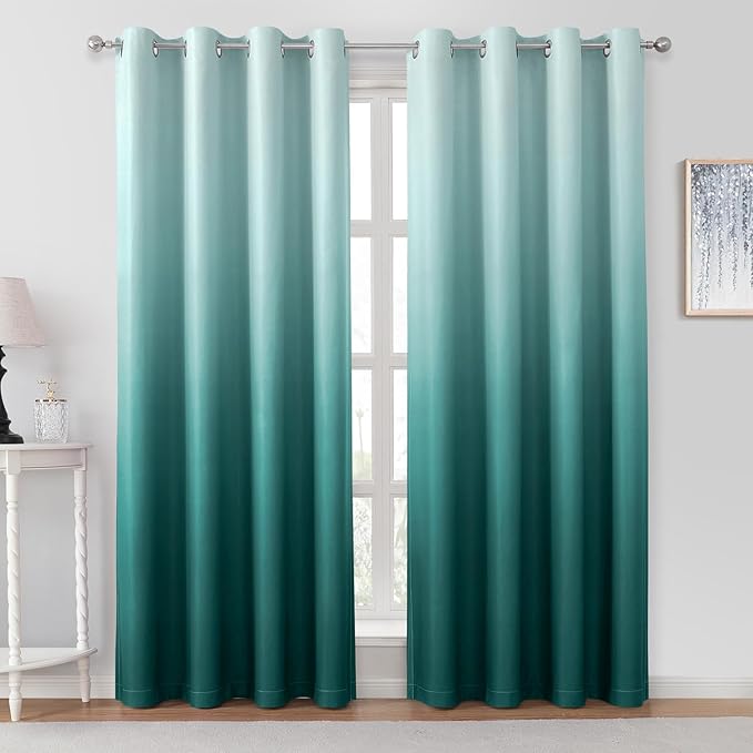 HOMEIDEAS Teal Ombre Blackout Curtains 52 X 84 Inch Length Gradient Room Darkening Thermal Insulated Energy Saving Grommet 2 Panels Window Drapes for Living Room, Bedroom