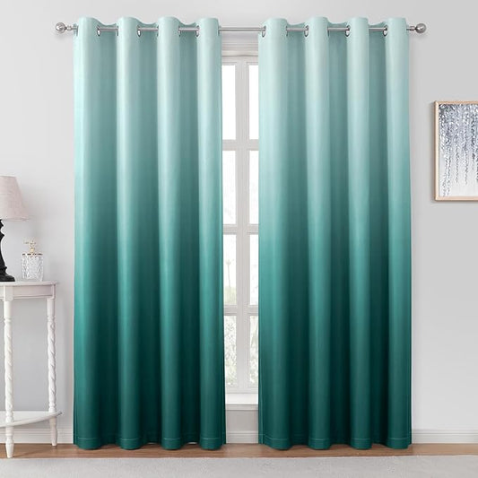 HOMEIDEAS Teal Ombre Blackout Curtains 52 X 84 Inch Length Gradient Room Darkening Thermal Insulated Energy Saving Grommet 2 Panels Window Drapes for Living Room, Bedroom