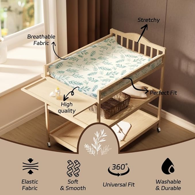 4 Pack Sage Green Fitted Nursery Sheets Breathable Neutral Unisex Baby Sheets for Boys or Girls with Leaf and Flower Design (Changing Pad Cover)