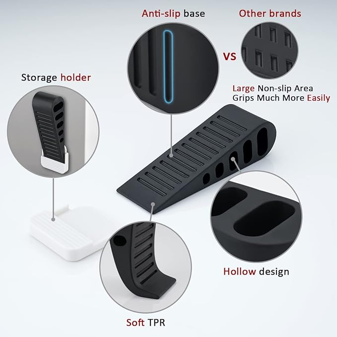 JQK Rubber Door Stopper Wedge, Black 9 Pack Soft TPR Premium Door Stops for Bottom of Heavy Duty Door on Tile, Concrete, Carpet, Wooden Floor, DSB61-BK-P9